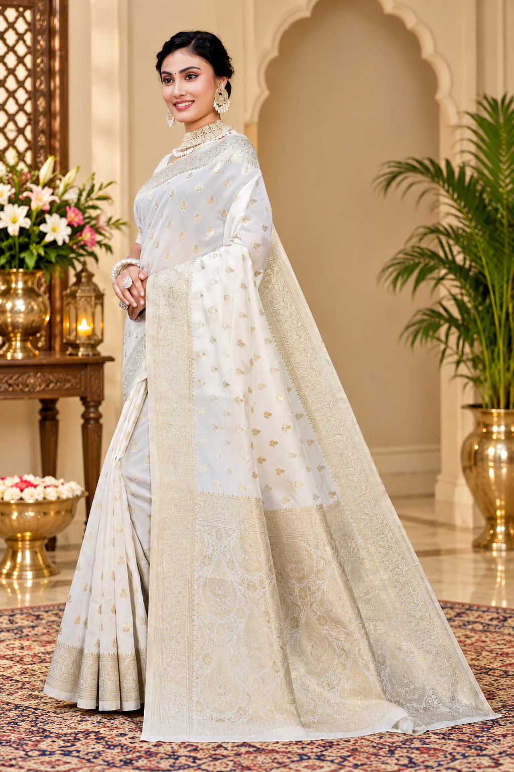 Owlsky Women's Kanjivaram Silk Saree Soft Banarasi Style with Golden & Silver Zari Border | Elegant Silk Look Saree with Unstitched Blouse Piece Off White