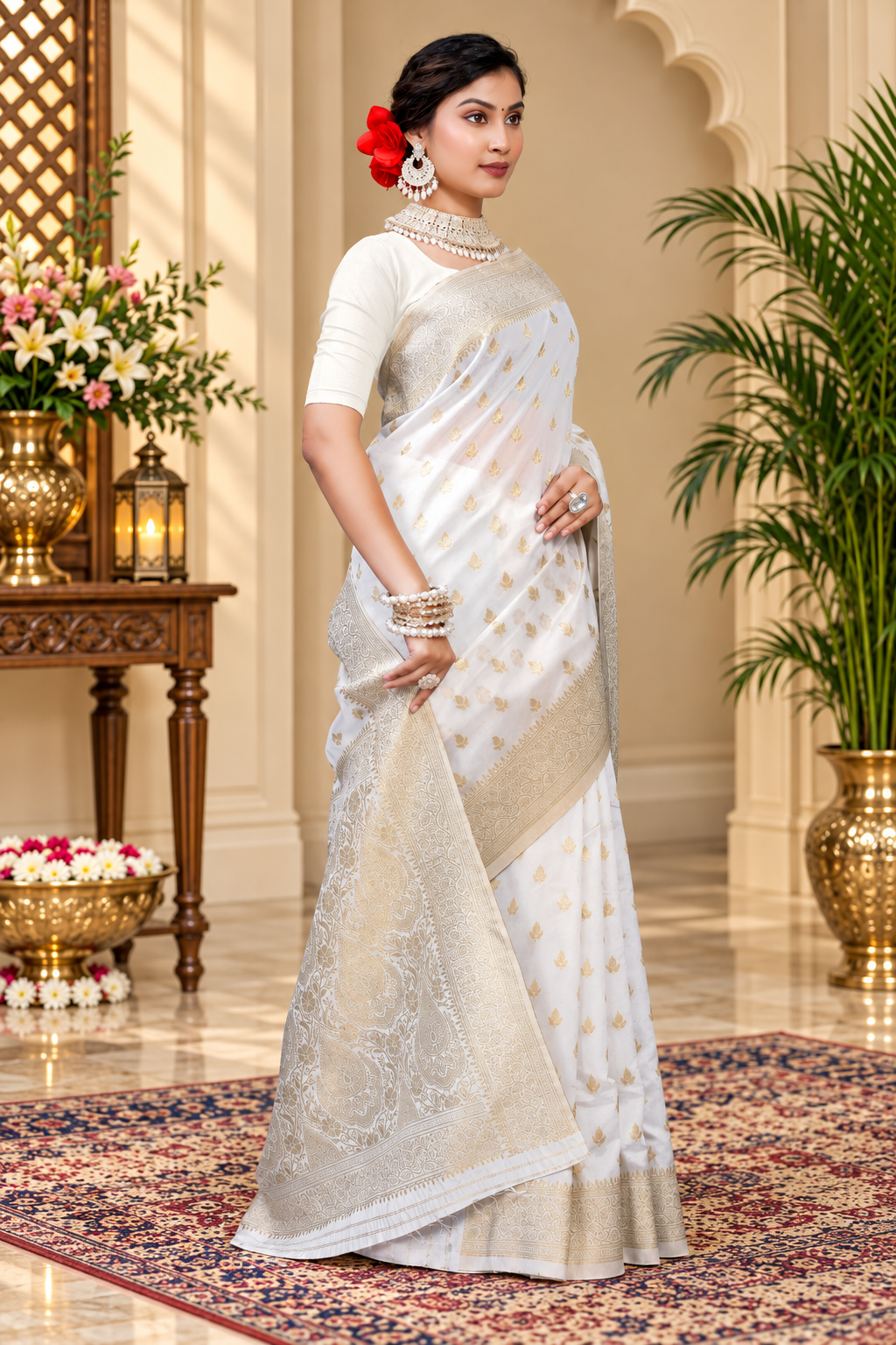 Owlsky Women's Kanjivaram Silk Saree Soft Banarasi Style with Golden & Silver Zari Border | Elegant Silk Look Saree with Unstitched Blouse Piece Off White