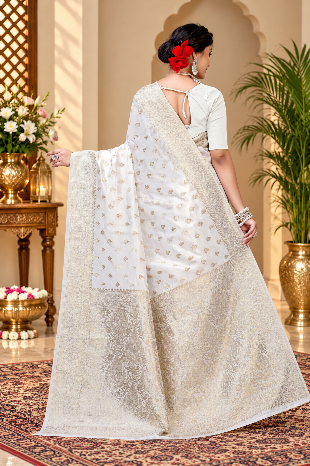 Owlsky Women's Kanjivaram Silk Saree Soft Banarasi Style with Golden & Silver Zari Border | Elegant Silk Look Saree with Unstitched Blouse Piece Off White
