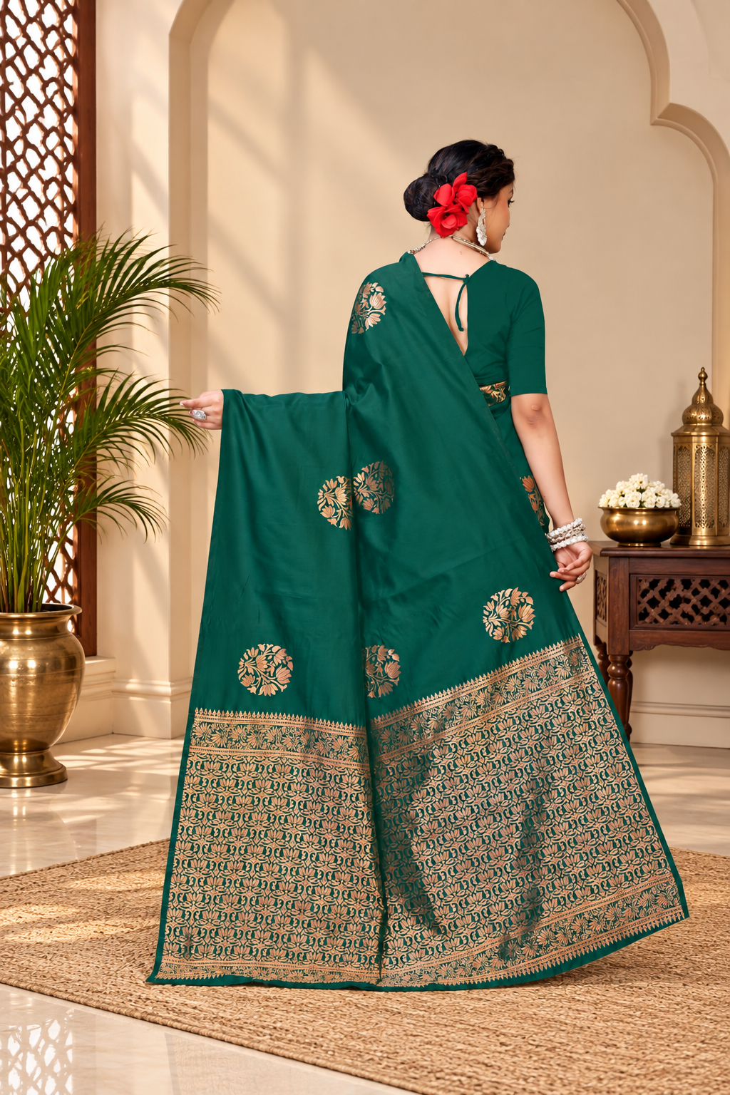 Owl Sky Kanjivaram Cotton Silk Saree for Women with Zari Border | Traditional Indian Saree with Unstitched Blouse Piece | Lightweight Festival Wear Saree | Elegant Soft Cotton Silk Saree Bottle Green