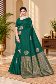 Owl Sky Kanjivaram Cotton Silk Saree for Women with Zari Border | Traditional Indian Saree with Unstitched Blouse Piece | Lightweight Festival Wear Saree | Elegant Soft Cotton Silk Saree Bottle Green