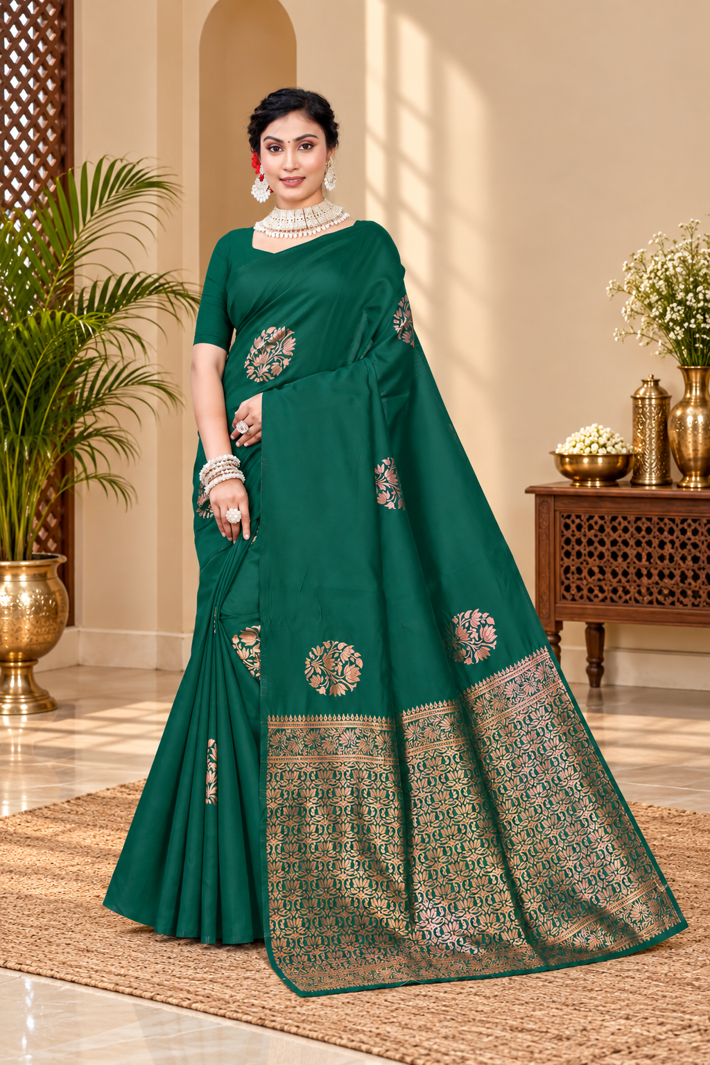 Owl Sky Kanjivaram Cotton Silk Saree for Women with Zari Border | Traditional Indian Saree with Unstitched Blouse Piece | Lightweight Festival Wear Saree | Elegant Soft Cotton Silk Saree Bottle Green