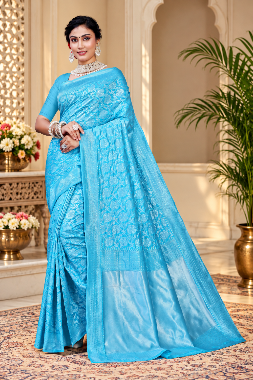Owl Sky Kanjivaram Cotton Silk Saree for Women with Zari Border | Traditional Indian Saree with Unstitched Blouse Piece | Lightweight Festival Wear Saree | Elegant Soft Cotton Silk Saree Sky Blue