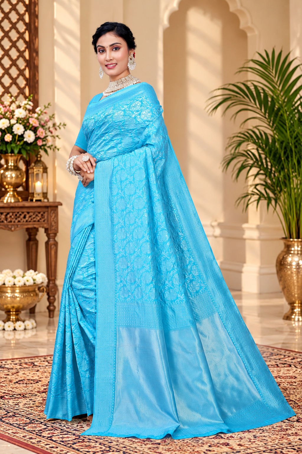 Owl Sky Kanjivaram Cotton Silk Saree for Women with Zari Border | Traditional Indian Saree with Unstitched Blouse Piece | Lightweight Festival Wear Saree | Elegant Soft Cotton Silk Saree Sky Blue
