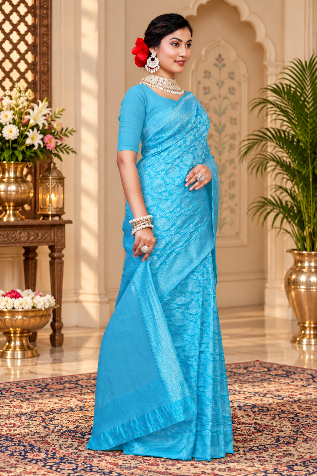 Owl Sky Kanjivaram Cotton Silk Saree for Women with Zari Border | Traditional Indian Saree with Unstitched Blouse Piece | Lightweight Festival Wear Saree | Elegant Soft Cotton Silk Saree Sky Blue