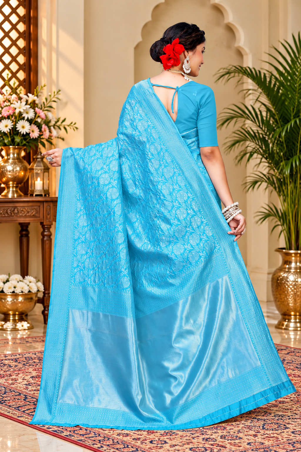 Owl Sky Kanjivaram Cotton Silk Saree for Women with Zari Border | Traditional Indian Saree with Unstitched Blouse Piece | Lightweight Festival Wear Saree | Elegant Soft Cotton Silk Saree Sky Blue
