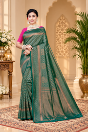 Owlsky Women's Kanjivaram Silk Saree Soft Banarasi Style with Golden & Silver Zari Border | Elegant Silk Look Saree with Unstitched Blouse Piece Bottle Green