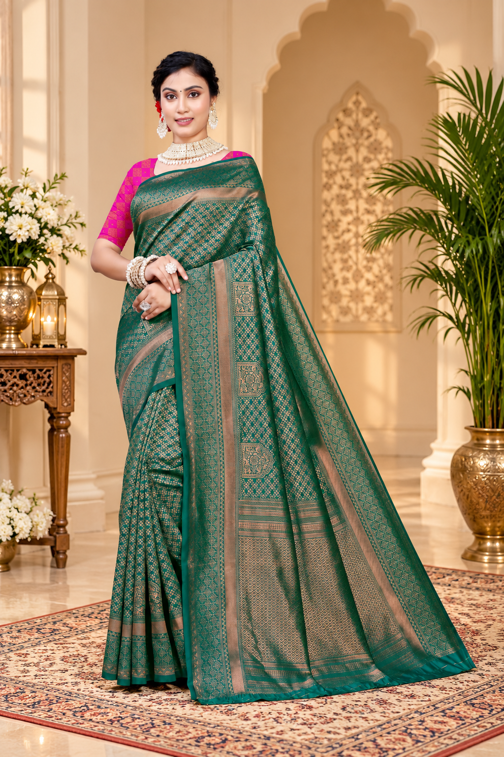 Owlsky Women's Kanjivaram Silk Saree Soft Banarasi Style with Golden & Silver Zari Border | Elegant Silk Look Saree with Unstitched Blouse Piece Bottle Green
