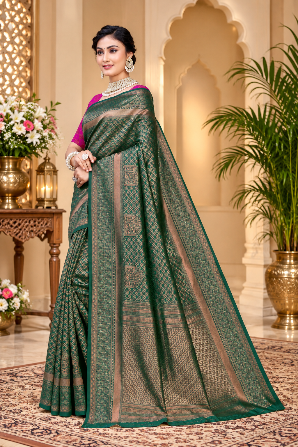 Owlsky Women's Kanjivaram Silk Saree Soft Banarasi Style with Golden & Silver Zari Border | Elegant Silk Look Saree with Unstitched Blouse Piece Bottle Green