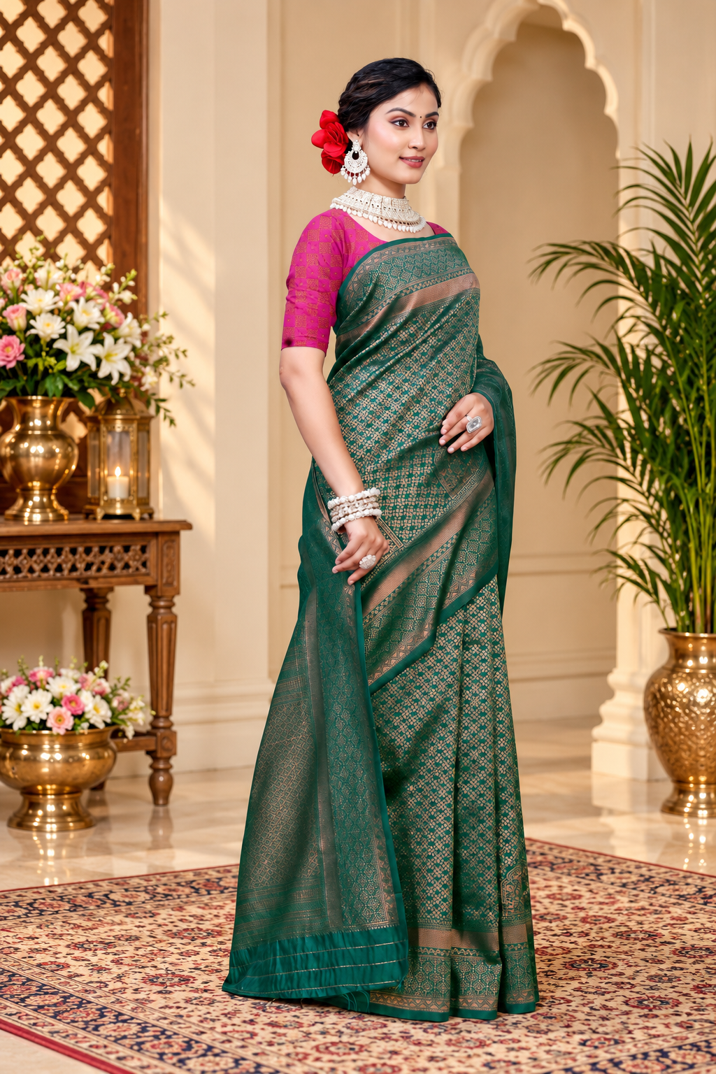 Owlsky Women's Kanjivaram Silk Saree Soft Banarasi Style with Golden & Silver Zari Border | Elegant Silk Look Saree with Unstitched Blouse Piece Bottle Green