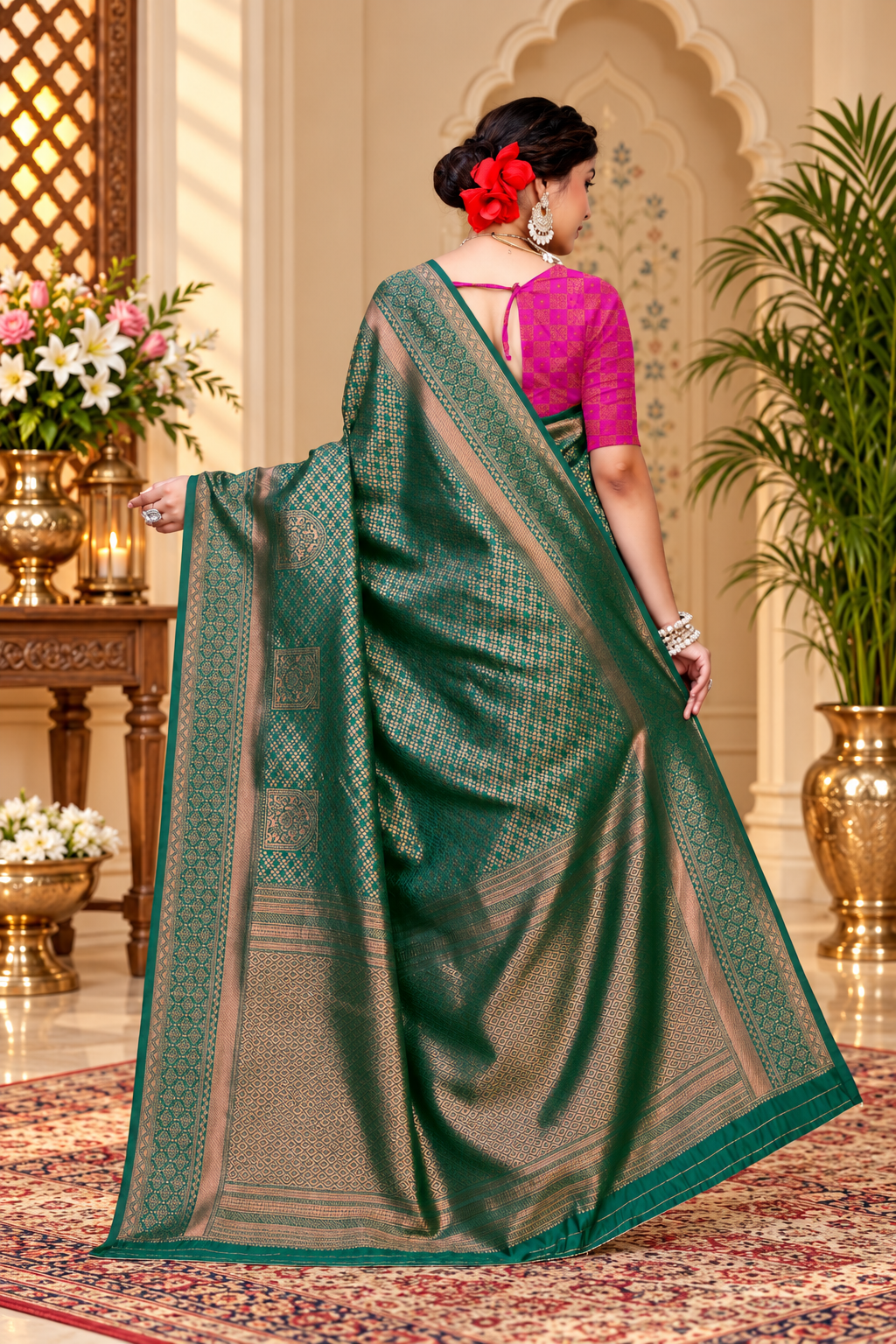 Owlsky Women's Kanjivaram Silk Saree Soft Banarasi Style with Golden & Silver Zari Border | Elegant Silk Look Saree with Unstitched Blouse Piece Bottle Green