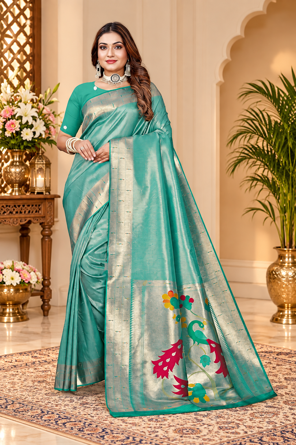Owlsky Women’s Kanjivaram Silk Saree with Beautiful Paithani Rich Pallu | Design Work Zari Woven Kanjivaram Silk Style Saree With Soft Lichi Silk Blouse Sea Green