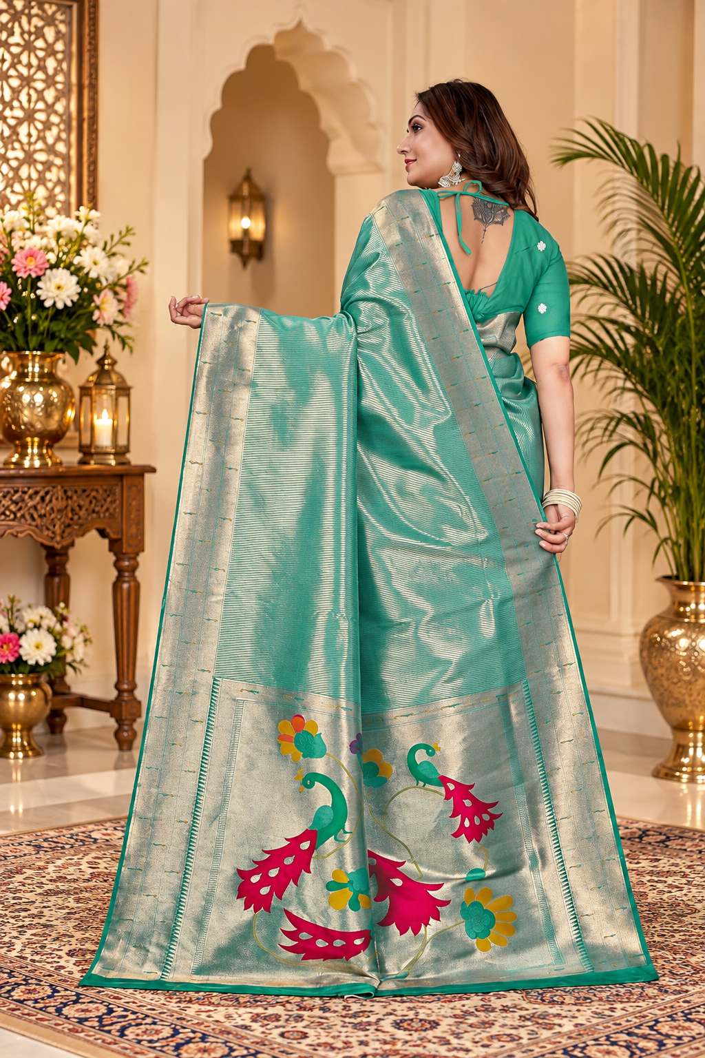 Owlsky Women’s Kanjivaram Silk Saree with Beautiful Paithani Rich Pallu | Design Work Zari Woven Kanjivaram Silk Style Saree With Soft Lichi Silk Blouse Sea Green