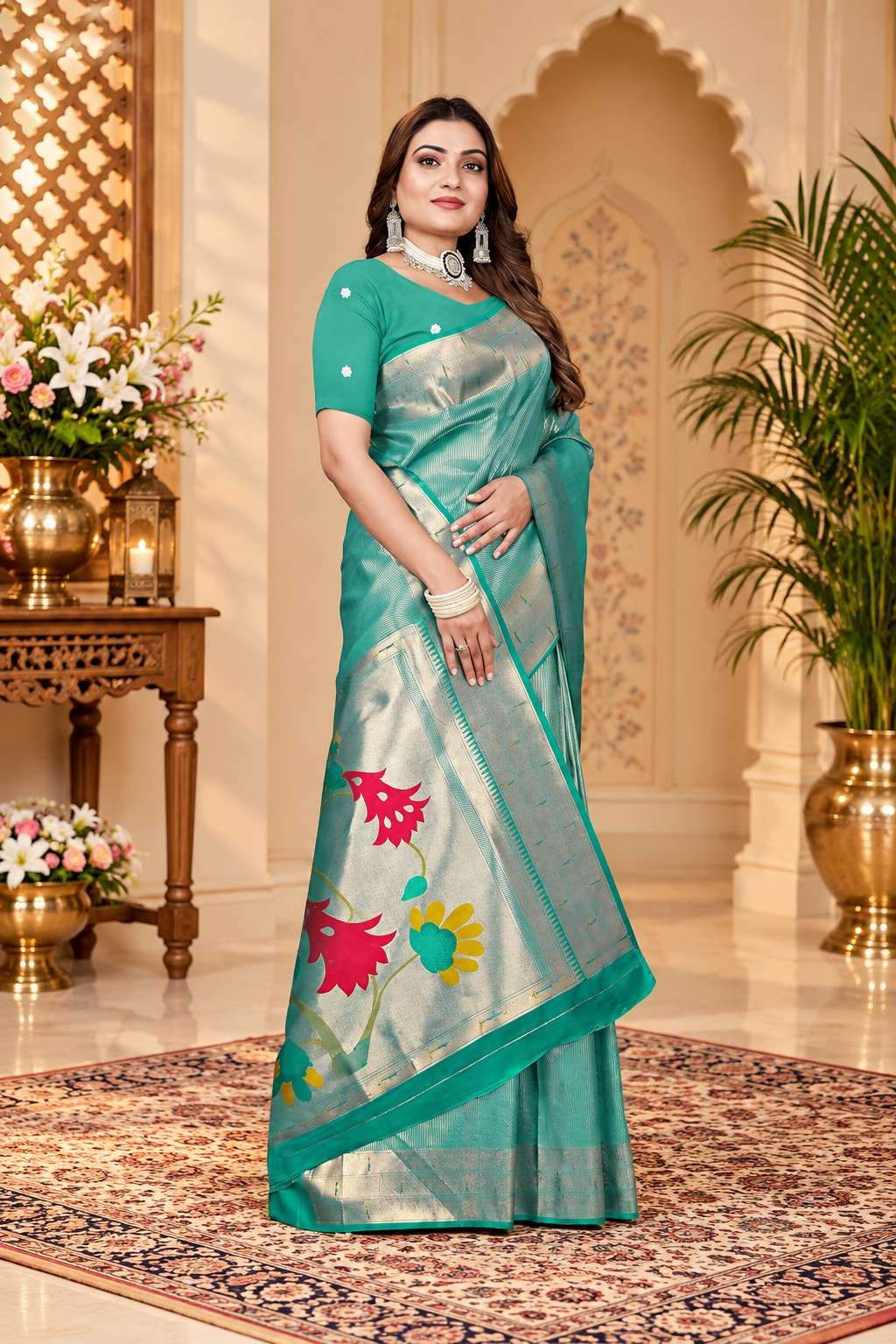 Owlsky Women’s Kanjivaram Silk Saree with Beautiful Paithani Rich Pallu | Design Work Zari Woven Kanjivaram Silk Style Saree With Soft Lichi Silk Blouse Sea Green