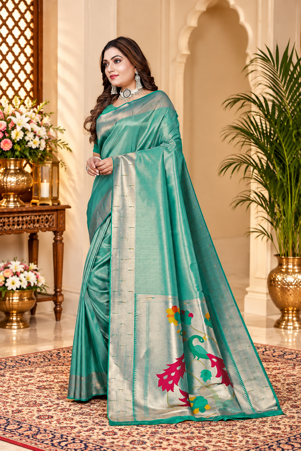 Owlsky Women’s Kanjivaram Silk Saree with Beautiful Paithani Rich Pallu | Design Work Zari Woven Kanjivaram Silk Style Saree With Soft Lichi Silk Blouse Sea Green