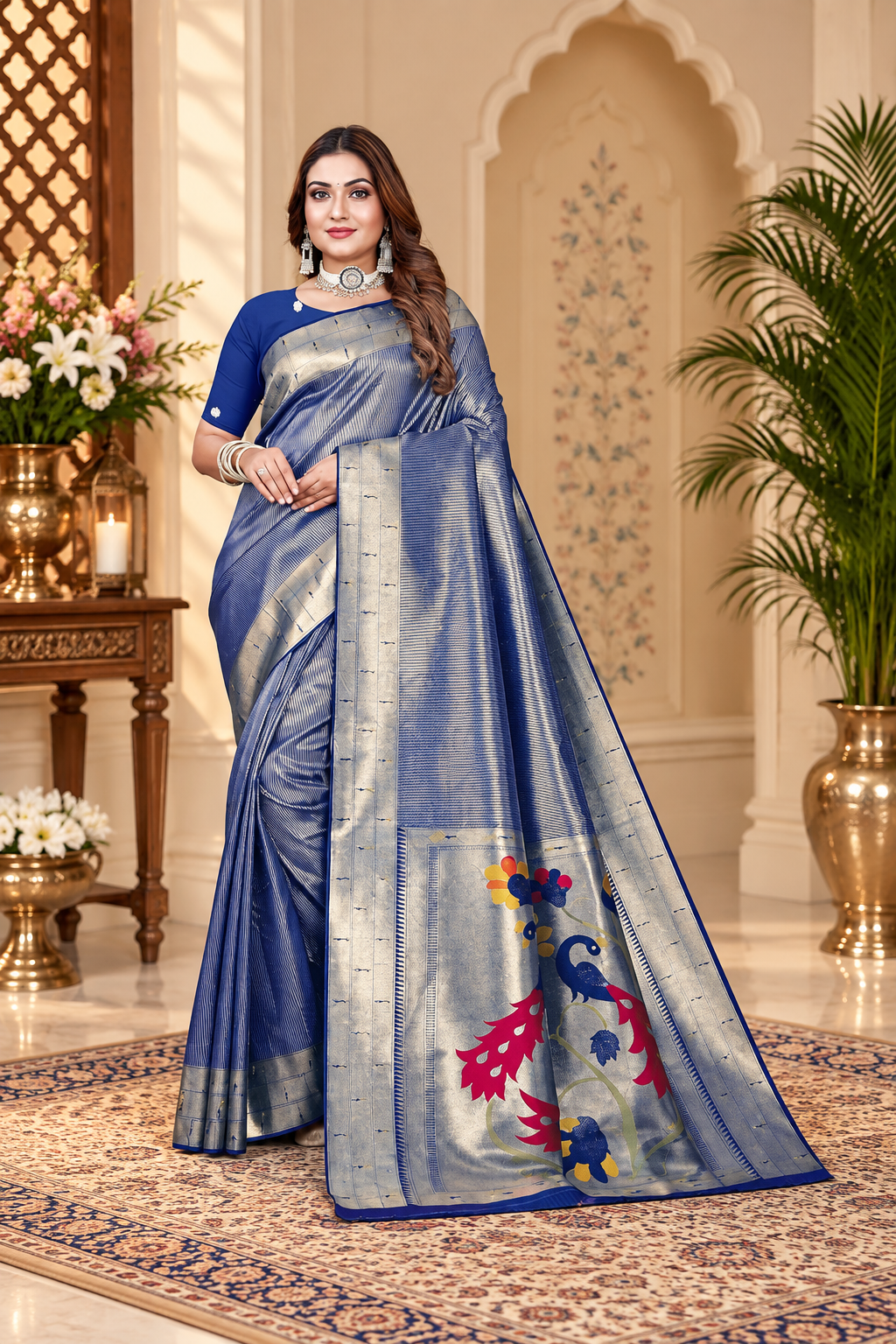 Owlsky Women’s Kanjivaram Silk Saree with Beautiful Paithani Rich Pallu | Design Work Zari Woven Kanjivaram Silk Style Saree With Soft Lichi Silk Blouse Navy Blue