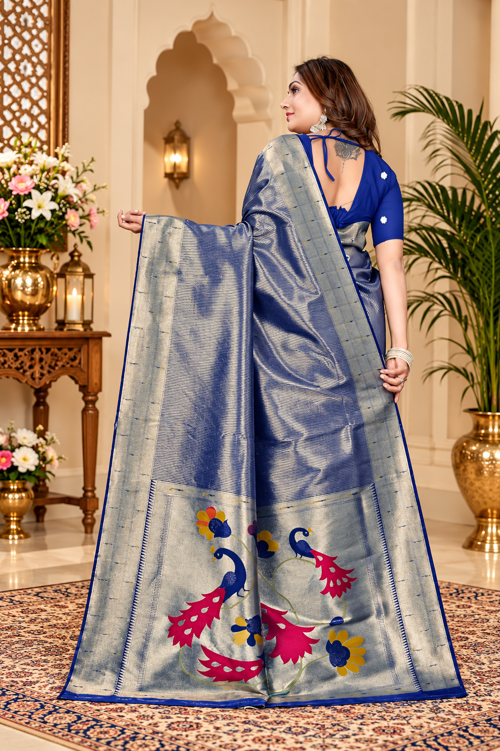 Owlsky Women’s Kanjivaram Silk Saree with Beautiful Paithani Rich Pallu | Design Work Zari Woven Kanjivaram Silk Style Saree With Soft Lichi Silk Blouse Navy Blue