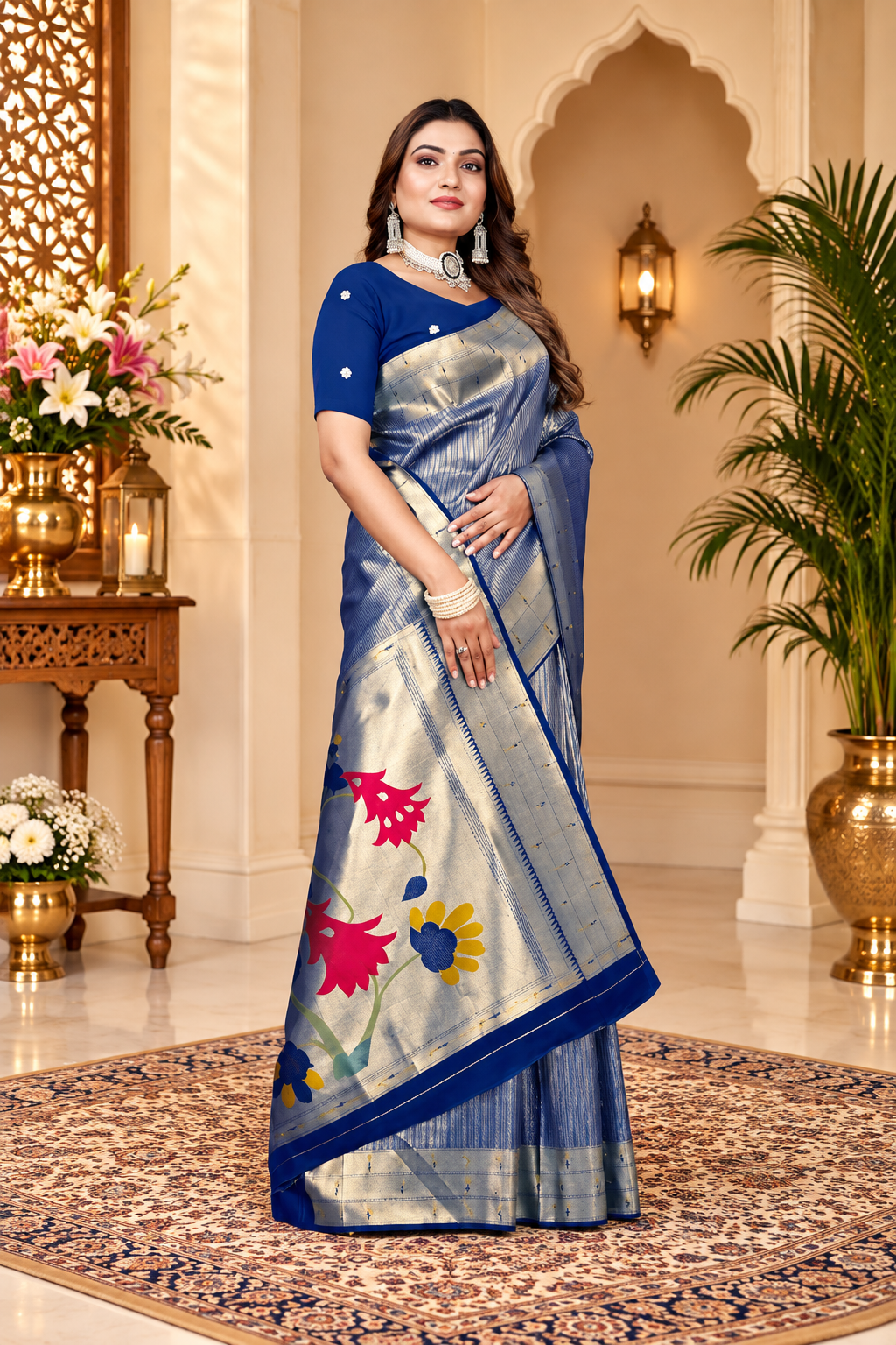 Owlsky Women’s Kanjivaram Silk Saree with Beautiful Paithani Rich Pallu | Design Work Zari Woven Kanjivaram Silk Style Saree With Soft Lichi Silk Blouse Navy Blue