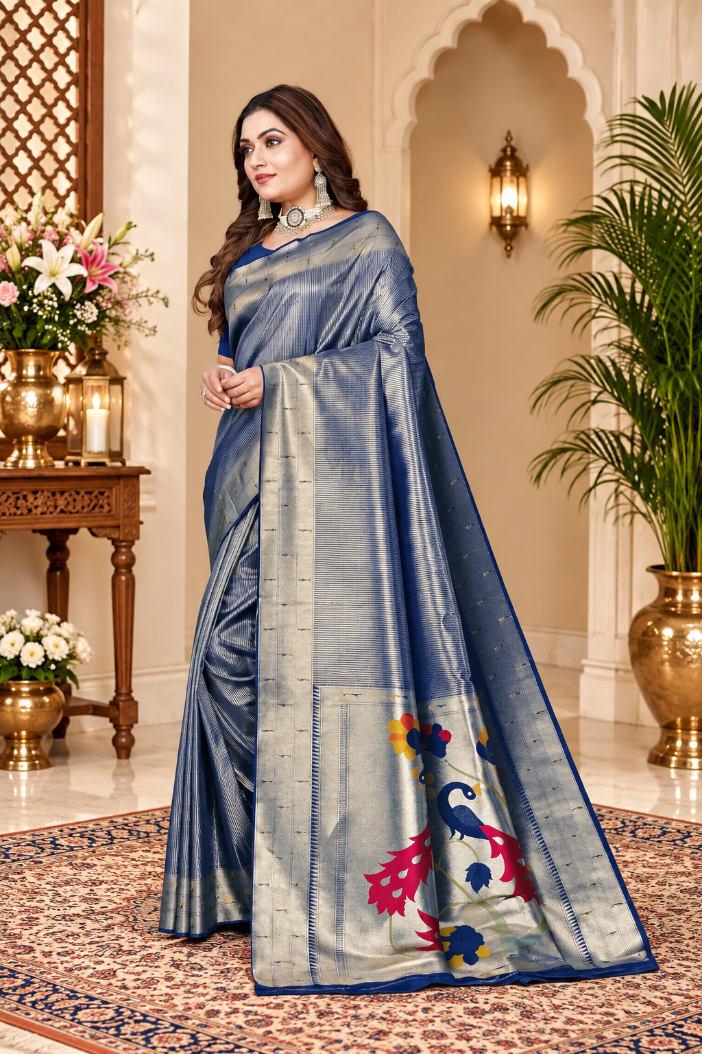 Owlsky Women’s Kanjivaram Silk Saree with Beautiful Paithani Rich Pallu | Design Work Zari Woven Kanjivaram Silk Style Saree With Soft Lichi Silk Blouse Navy Blue