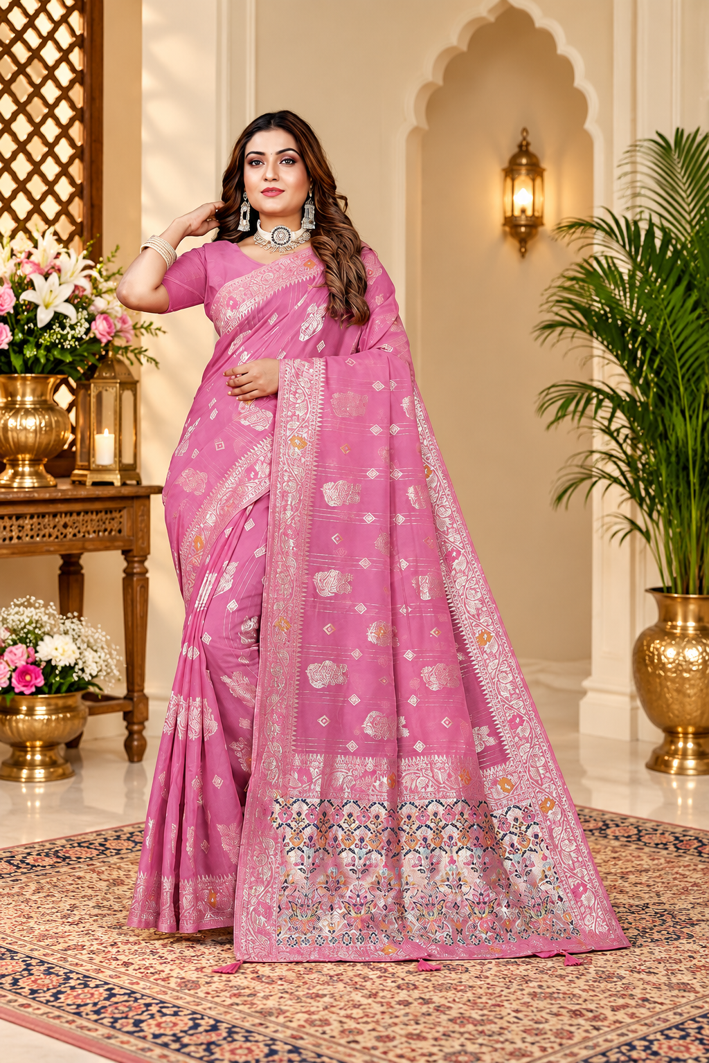 Owlsky Women’s Linen Tissue Silk Saree with Thread Weaving & Siroski Work | Included with Unstriched Blouse Piece | Rose Pink
