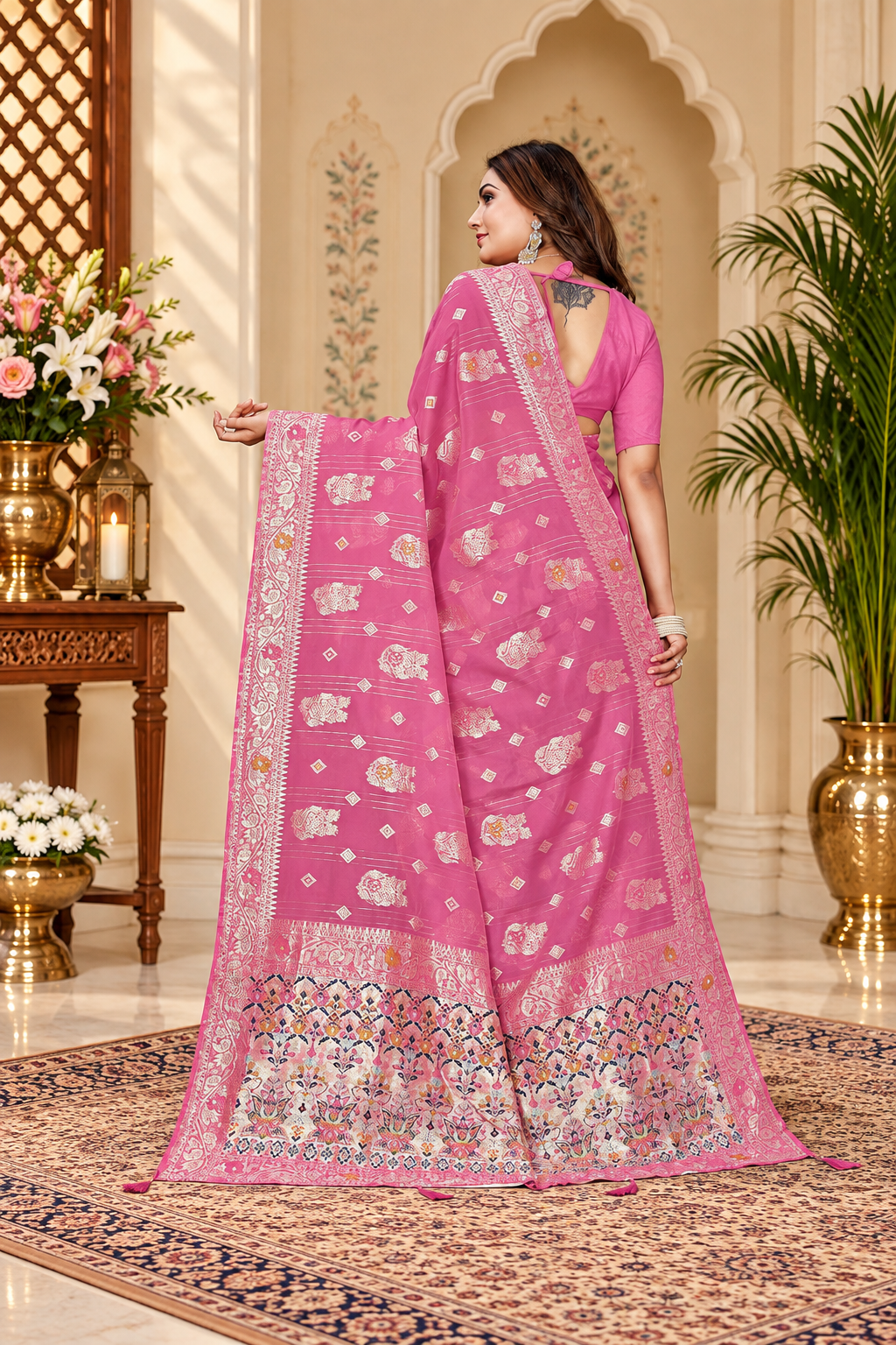 Owlsky Women’s Linen Tissue Silk Saree with Thread Weaving & Siroski Work | Included with Unstriched Blouse Piece | Rose Pink