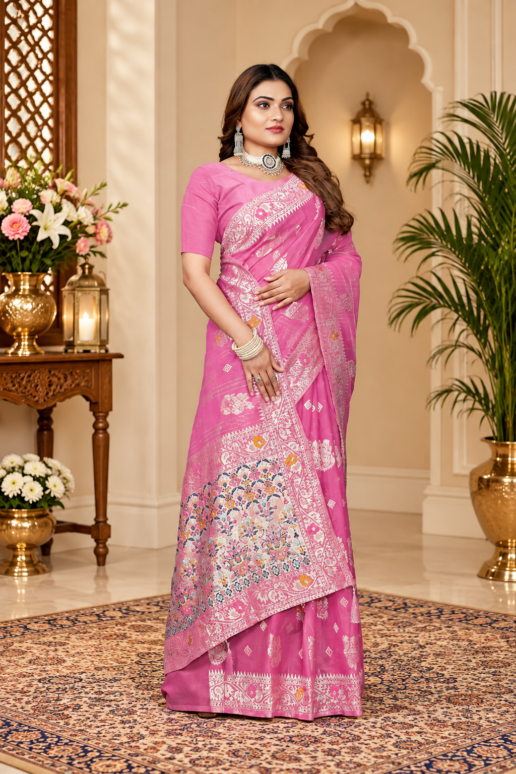 Owlsky Women’s Linen Tissue Silk Saree with Thread Weaving & Siroski Work | Included with Unstriched Blouse Piece | Rose Pink