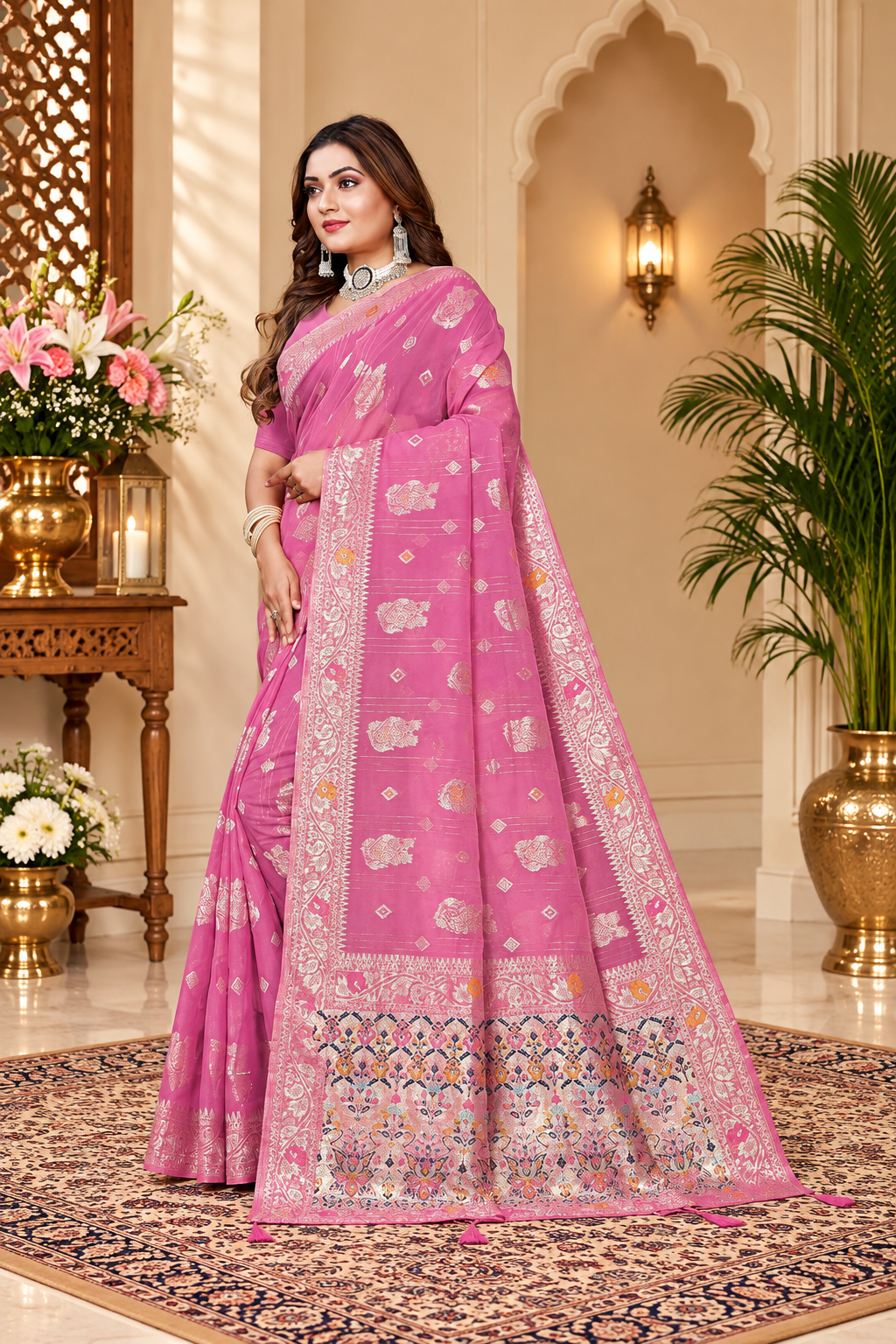 Owlsky Women’s Linen Tissue Silk Saree with Thread Weaving & Siroski Work | Included with Unstriched Blouse Piece | Rose Pink