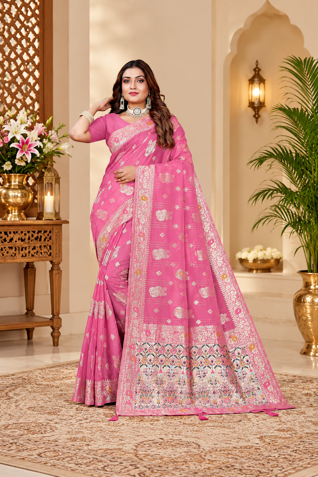 Owlsky Women’s Linen Tissue Silk Saree with Thread Weaving & Siroski Work | Included with Unstriched Blouse Piece | Rani Pink