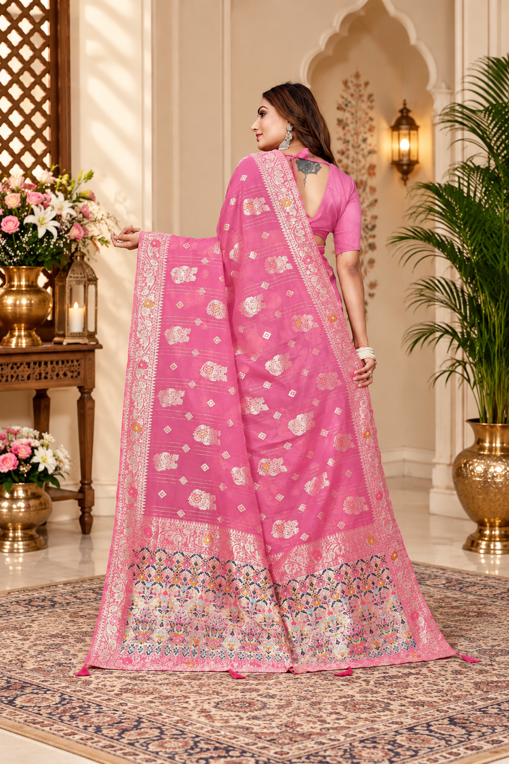 Owlsky Women’s Linen Tissue Silk Saree with Thread Weaving & Siroski Work | Included with Unstriched Blouse Piece | Rani Pink