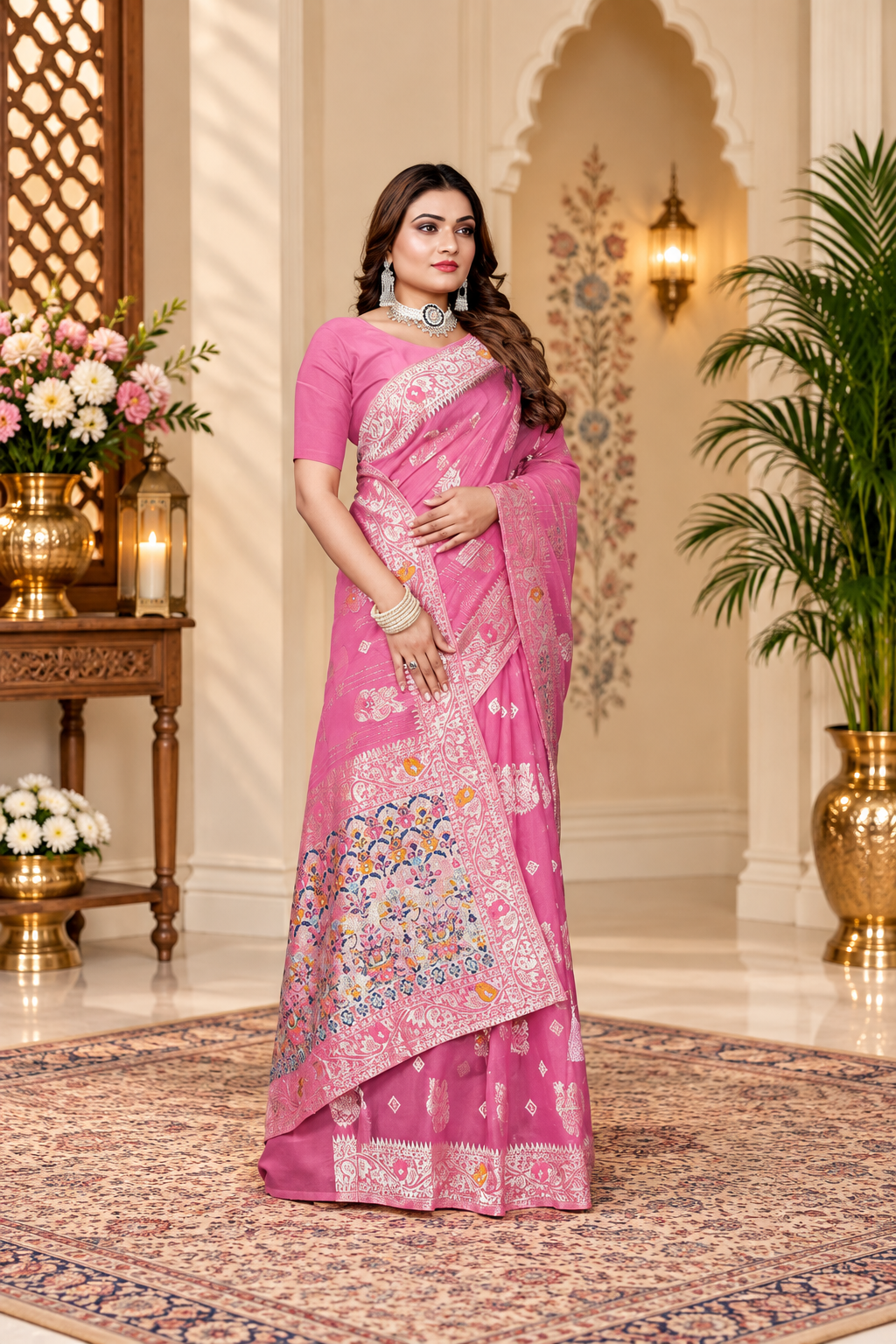 Owlsky Women’s Linen Tissue Silk Saree with Thread Weaving & Siroski Work | Included with Unstriched Blouse Piece | Rani Pink