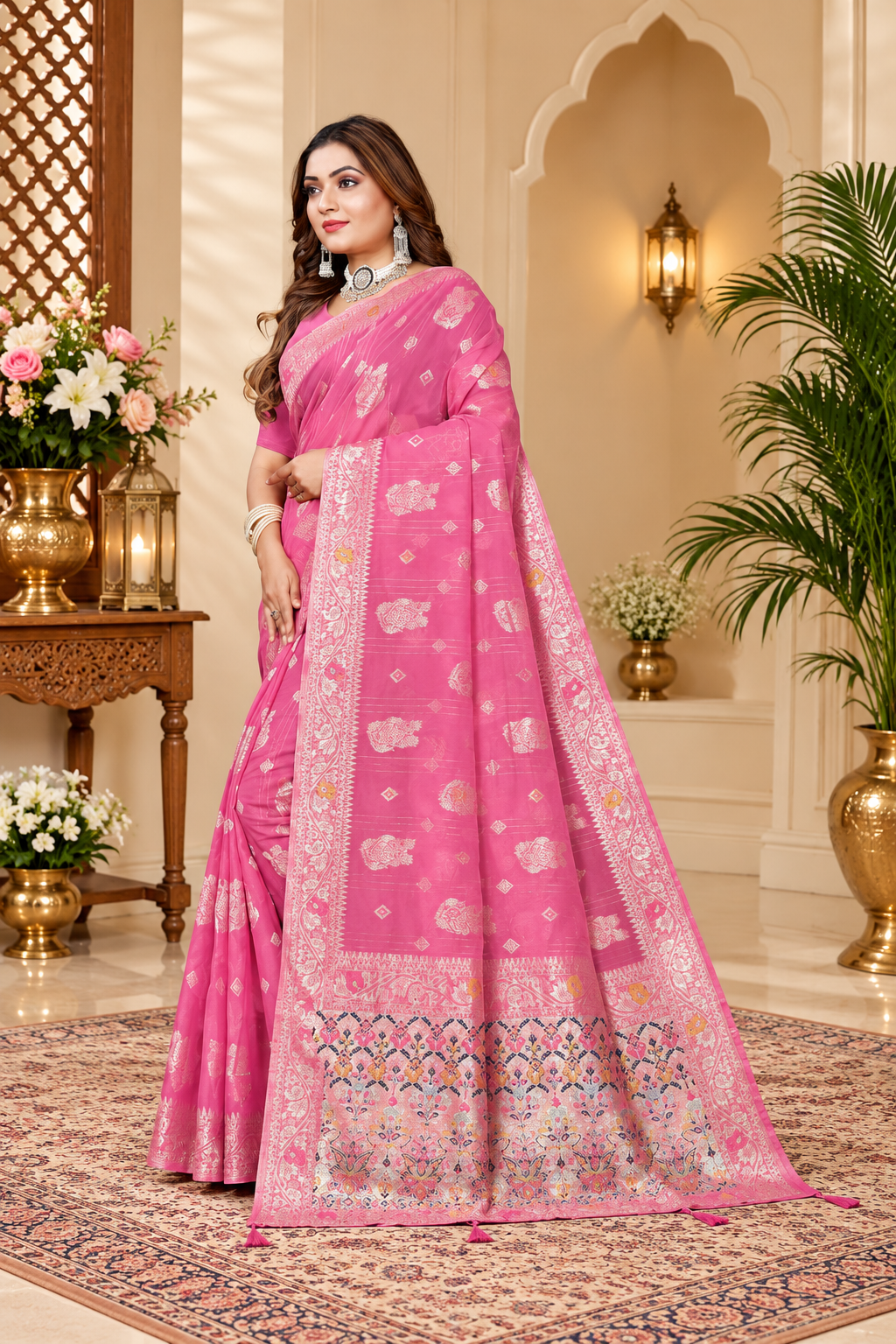Owlsky Women’s Linen Tissue Silk Saree with Thread Weaving & Siroski Work | Included with Unstriched Blouse Piece | Rani Pink