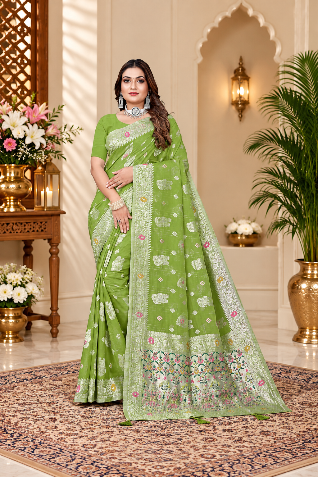 Owlsky Women’s Linen Tissue Silk Saree with Thread Weaving & Siroski Work | Included with Unstriched Blouse Piece | Pista Green