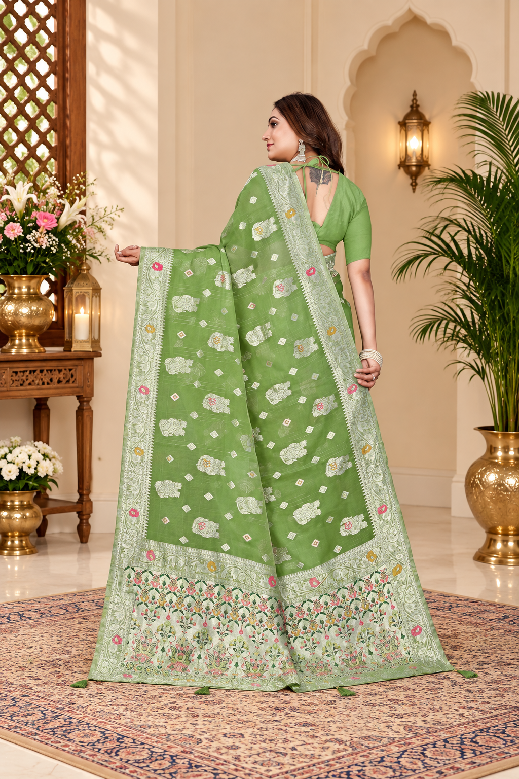 Owlsky Women’s Linen Tissue Silk Saree with Thread Weaving & Siroski Work | Included with Unstriched Blouse Piece | Pista Green