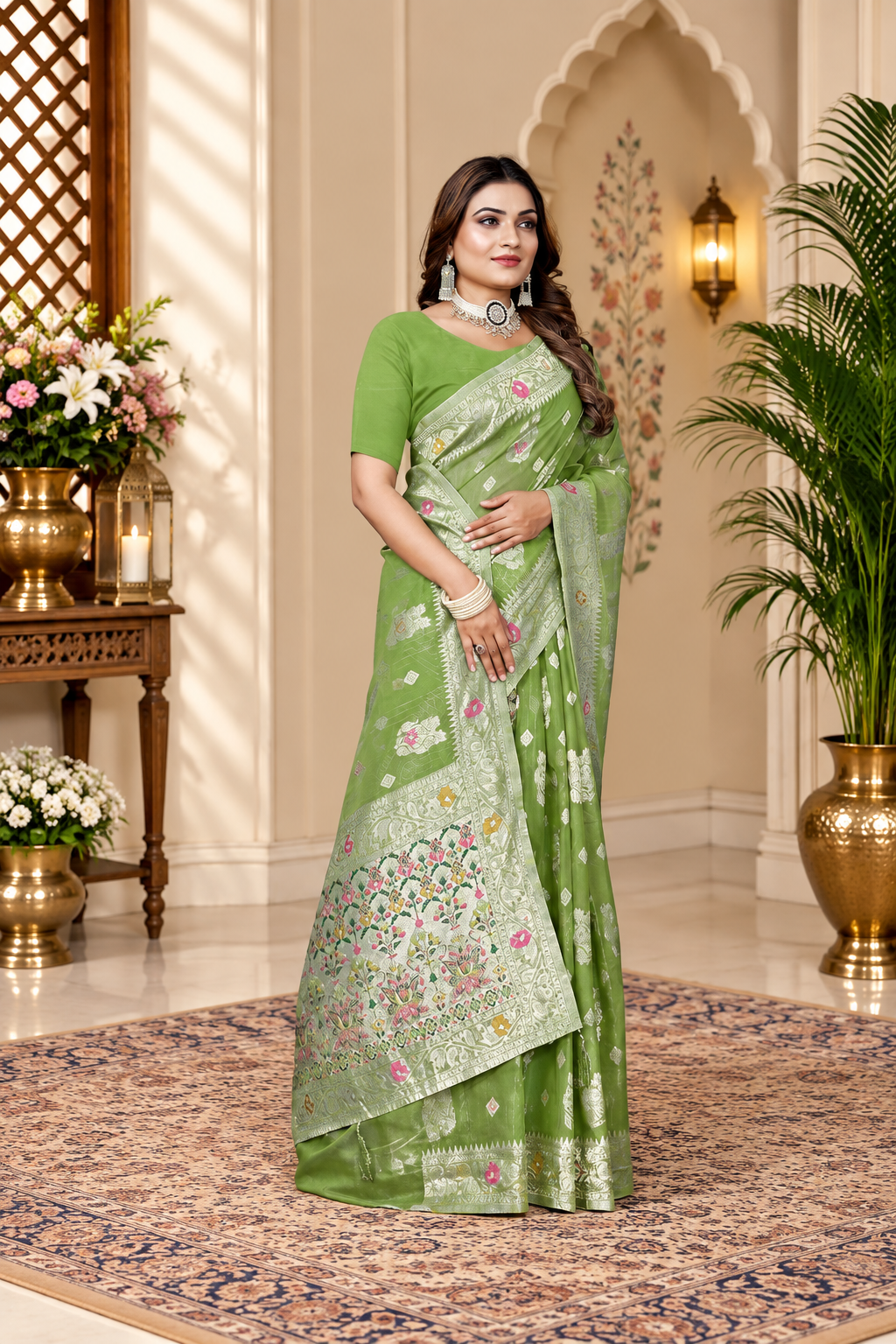 Owlsky Women’s Linen Tissue Silk Saree with Thread Weaving & Siroski Work | Included with Unstriched Blouse Piece | Pista Green