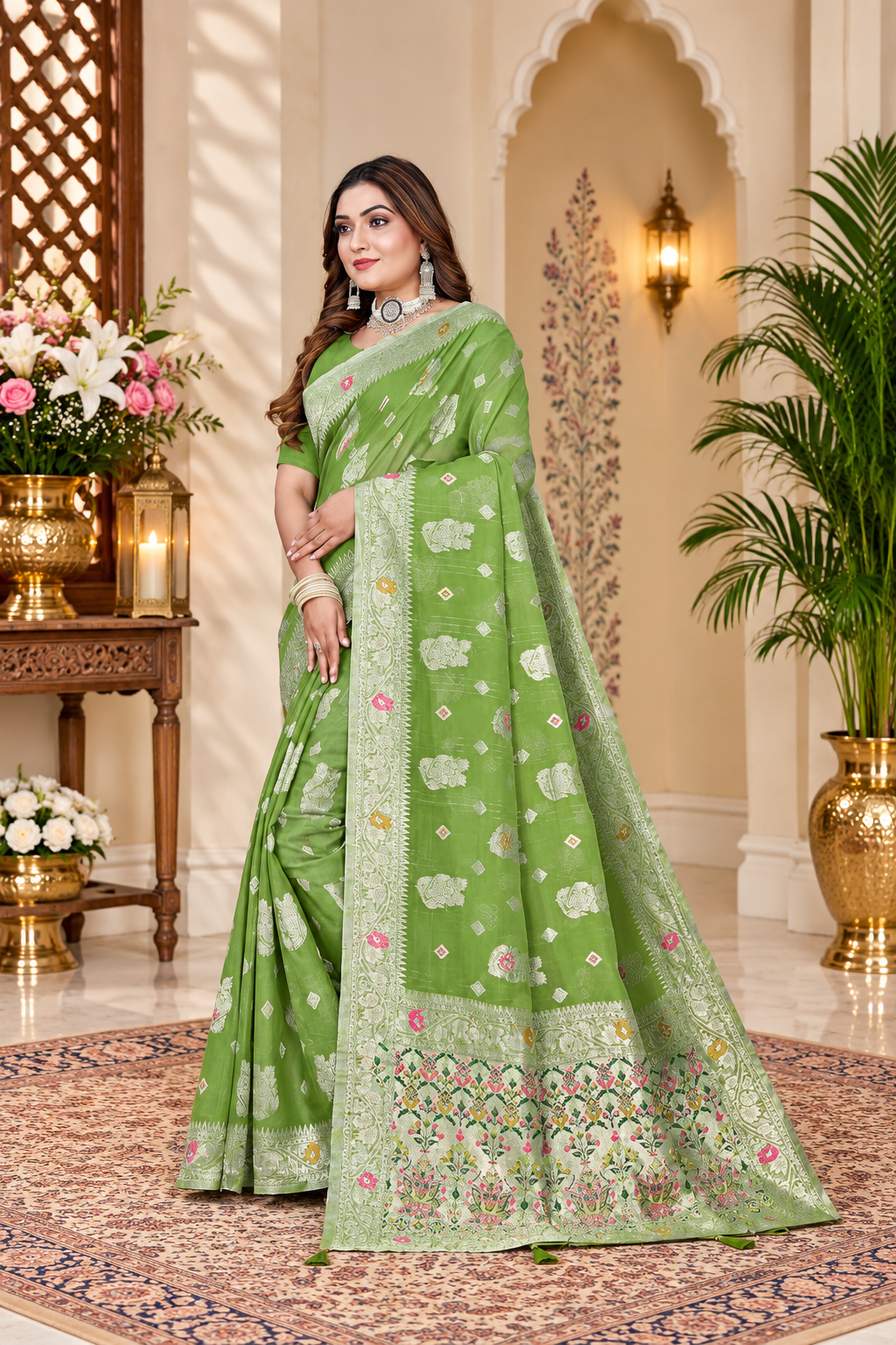 Owlsky Women’s Linen Tissue Silk Saree with Thread Weaving & Siroski Work | Included with Unstriched Blouse Piece | Pista Green