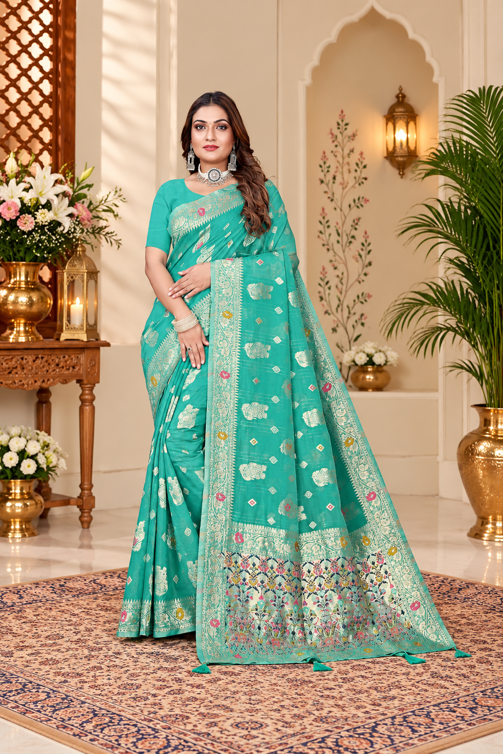 Owlsky Women’s Linen Tissue Silk Saree with Thread Weaving & Siroski Work | Included with Unstriched Blouse Piece | Aqua Blue