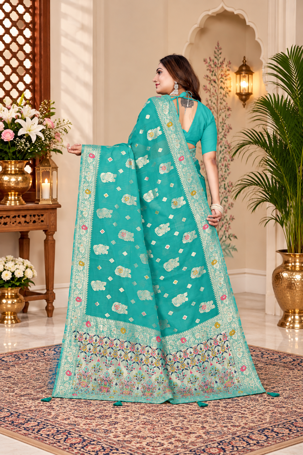 Owlsky Women’s Linen Tissue Silk Saree with Thread Weaving & Siroski Work | Included with Unstriched Blouse Piece | Aqua Blue