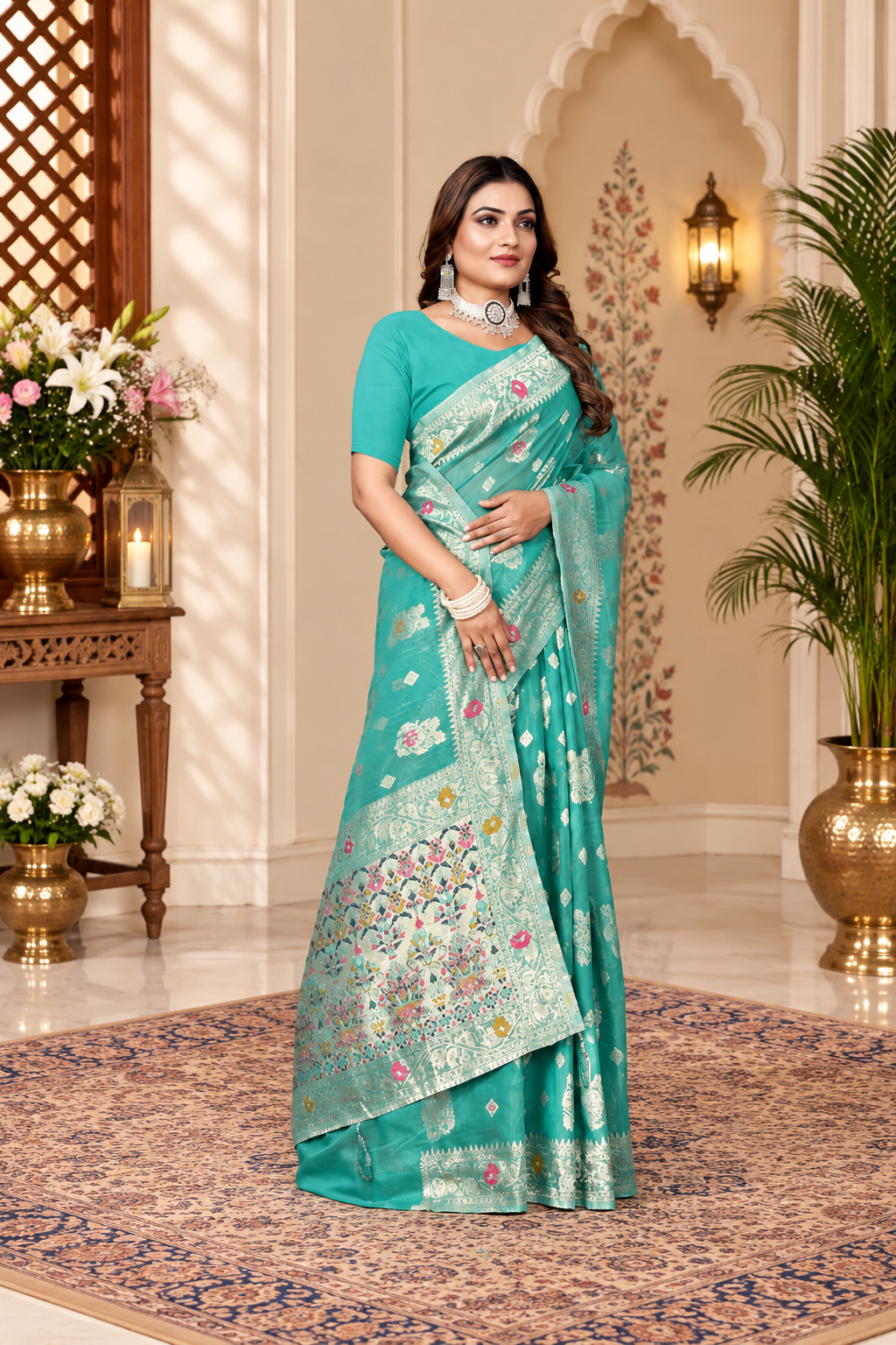 Owlsky Women’s Linen Tissue Silk Saree with Thread Weaving & Siroski Work | Included with Unstriched Blouse Piece | Aqua Blue
