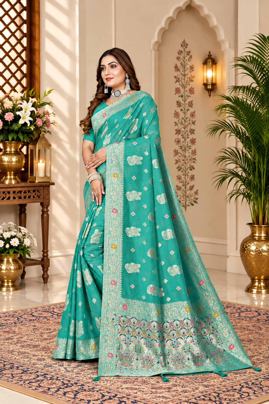 Owlsky Women’s Linen Tissue Silk Saree with Thread Weaving & Siroski Work | Included with Unstriched Blouse Piece | Aqua Blue