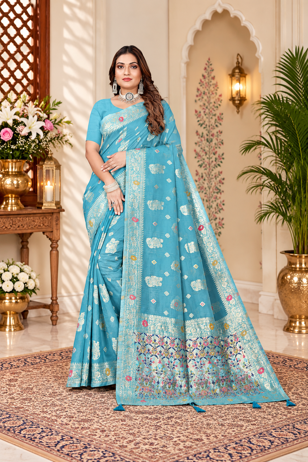 Owlsky Women’s Linen Tissue Silk Saree with Thread Weaving & Siroski Work | Included with Unstriched Blouse Piece | Sky Blue
