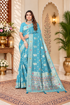 Owlsky Women’s Linen Tissue Silk Saree with Thread Weaving & Siroski Work | Included with Unstriched Blouse Piece | Sky Blue