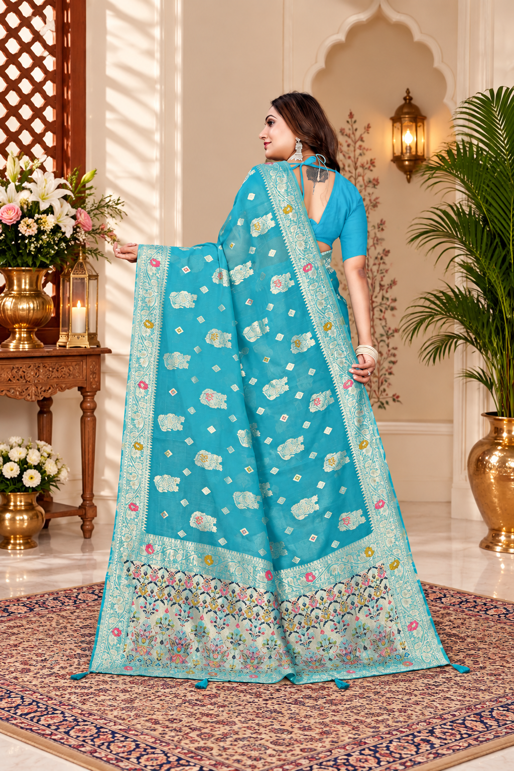 Owlsky Women’s Linen Tissue Silk Saree with Thread Weaving & Siroski Work | Included with Unstriched Blouse Piece | Sky Blue