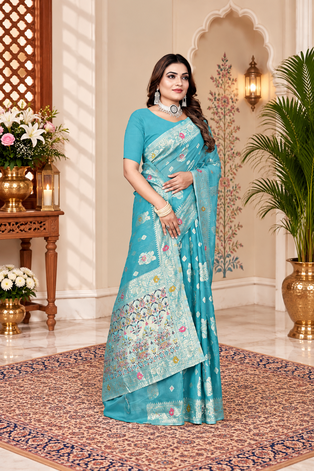 Owlsky Women’s Linen Tissue Silk Saree with Thread Weaving & Siroski Work | Included with Unstriched Blouse Piece | Sky Blue