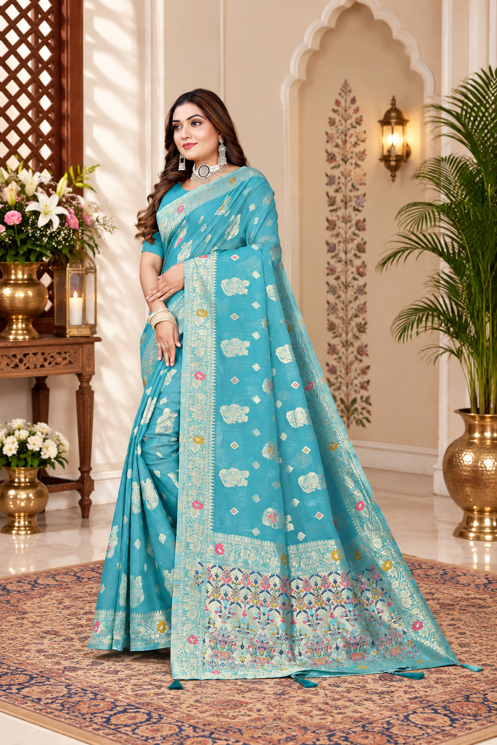 Owlsky Women’s Linen Tissue Silk Saree with Thread Weaving & Siroski Work | Included with Unstriched Blouse Piece | Sky Blue