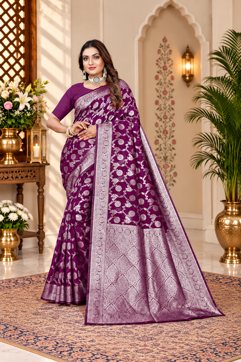 Owl Sky Women's Kanjivaram Soft Lichi Silk Saree with Silver Zari Floral Weave | With Unstiched Blouse Piece | Elegant Lightweight Indian Ethnic Sari | Wine