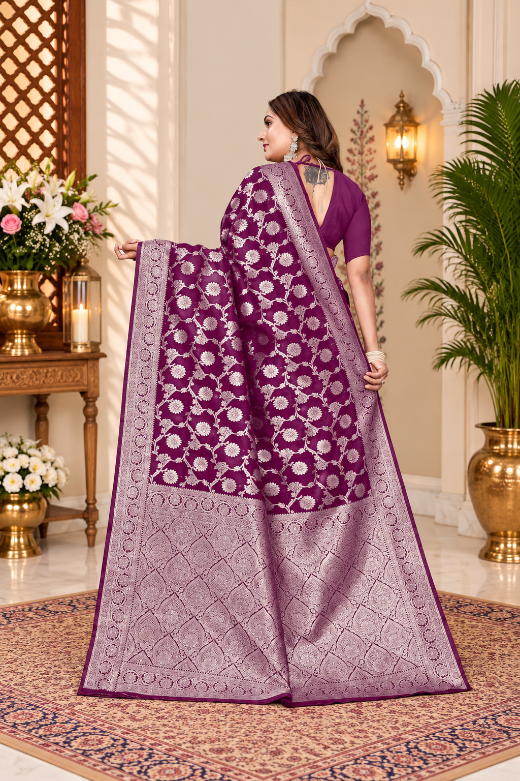 Owl Sky Women's Kanjivaram Soft Lichi Silk Saree with Silver Zari Floral Weave | With Unstiched Blouse Piece | Elegant Lightweight Indian Ethnic Sari | Wine