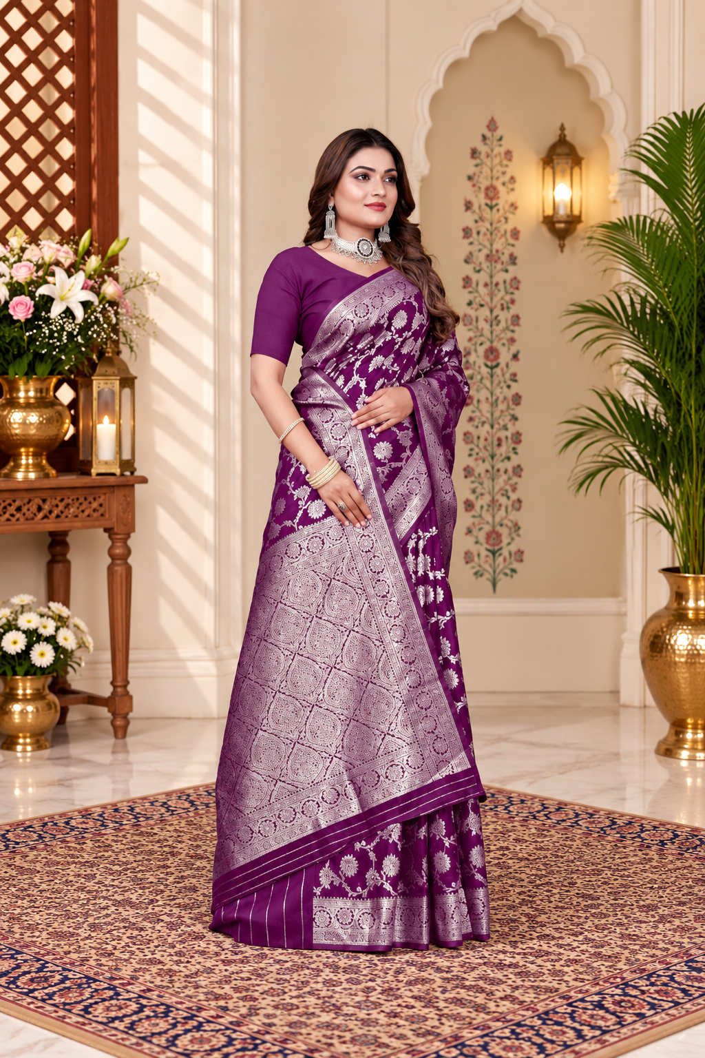 Owl Sky Women's Kanjivaram Soft Lichi Silk Saree with Silver Zari Floral Weave | With Unstiched Blouse Piece | Elegant Lightweight Indian Ethnic Sari | Wine