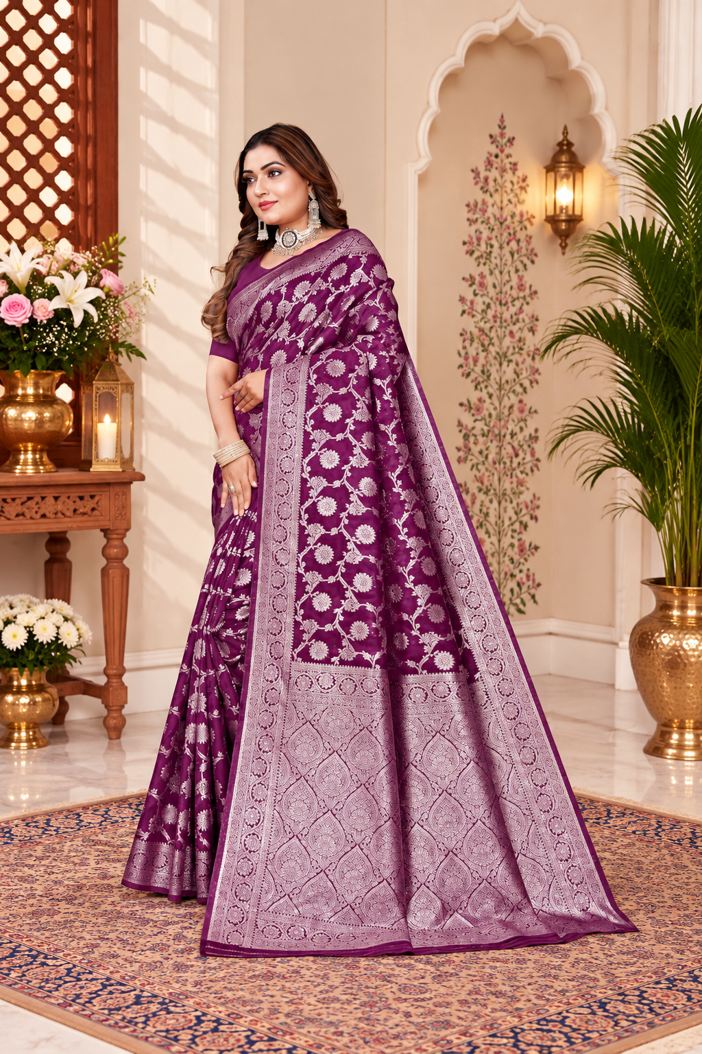 Owl Sky Women's Kanjivaram Soft Lichi Silk Saree with Silver Zari Floral Weave | With Unstiched Blouse Piece | Elegant Lightweight Indian Ethnic Sari | Wine