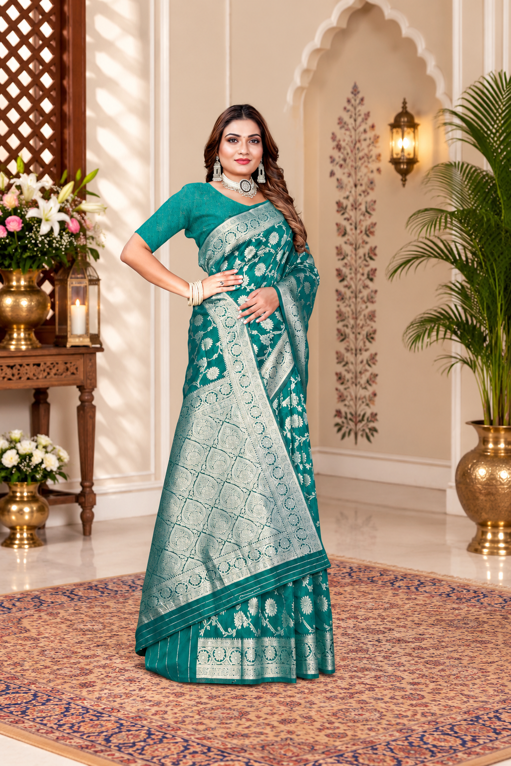 Owl Sky Women's Kanjivaram Soft Lichi Silk Saree with Silver Zari Floral Weave | With Unstiched Blouse Piece | Elegant Lightweight Indian Ethnic Sari | Morpankhi Blue