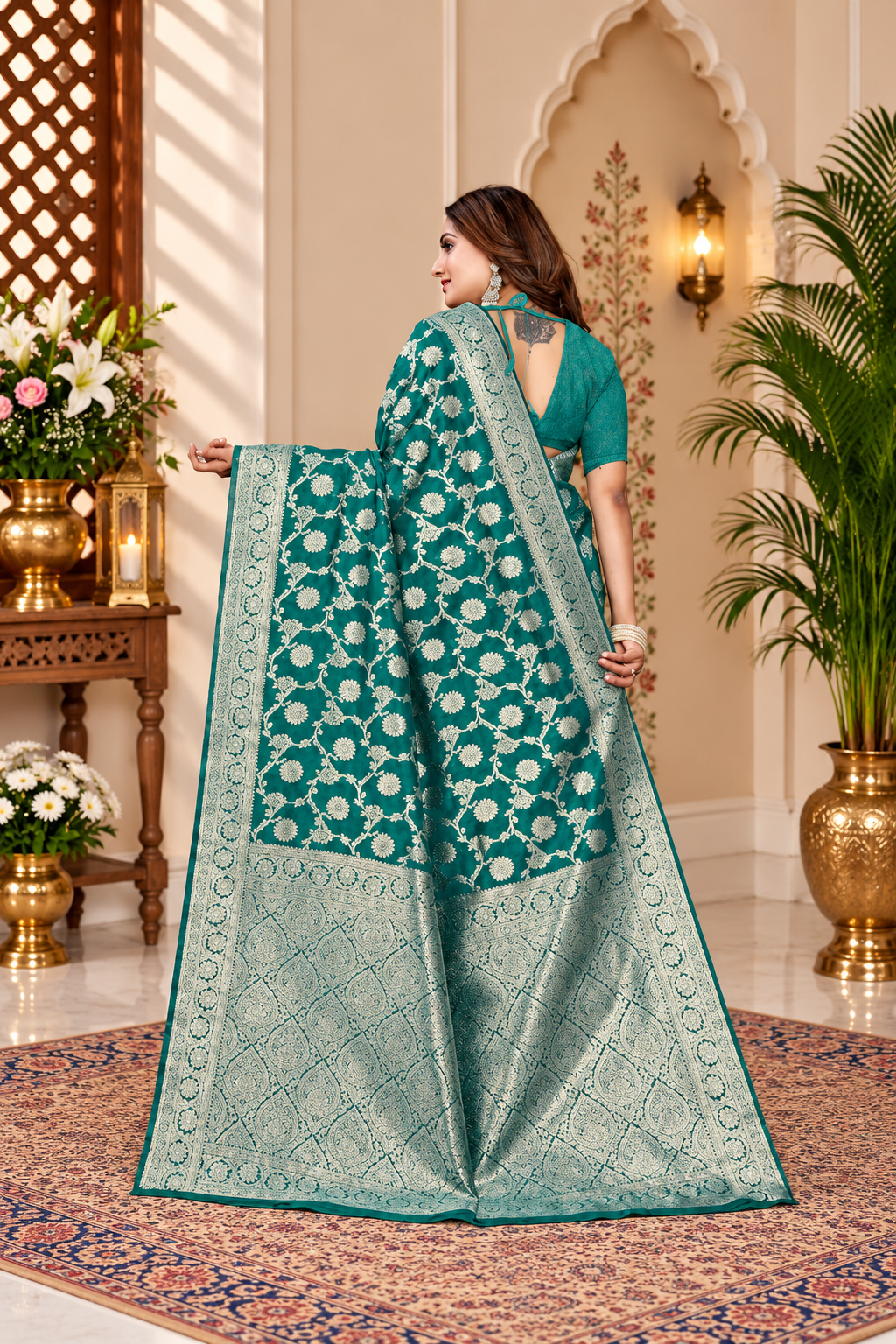 Owl Sky Women's Kanjivaram Soft Lichi Silk Saree with Silver Zari Floral Weave | With Unstiched Blouse Piece | Elegant Lightweight Indian Ethnic Sari | Morpankhi Blue
